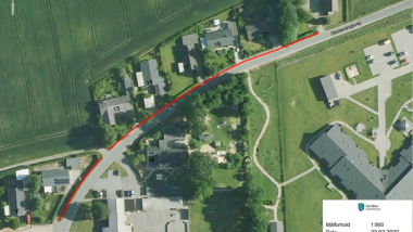 Billedet viser et kort af området, hvor arbejdet finder sted på Skolevangsvej i Sall