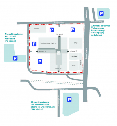 Kort over nye p-pladser ved sundhedshuset i Hadsten