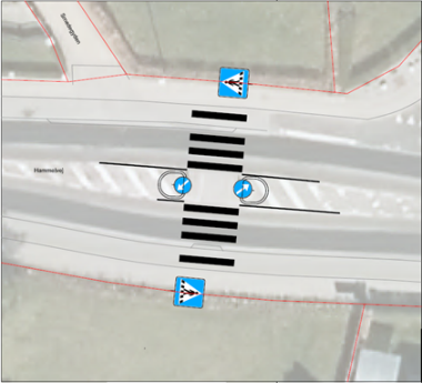 Tegning viser kort af Hammelvej i Hadsten hvor der etableres nyt fodgængerfelt