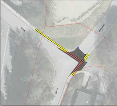 Tegning viser kort af Ellemosevej i Hadsten, hvor vi laver nyt fodgængerfelt