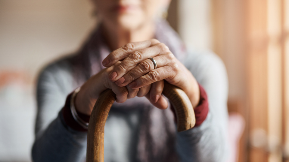 Billedet viser en ældre kvinde med stok
