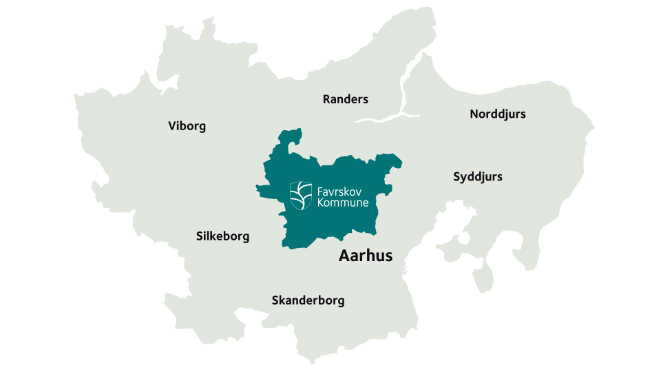 Grafikken viser Favrskov Kommune på et kort over Østjylland