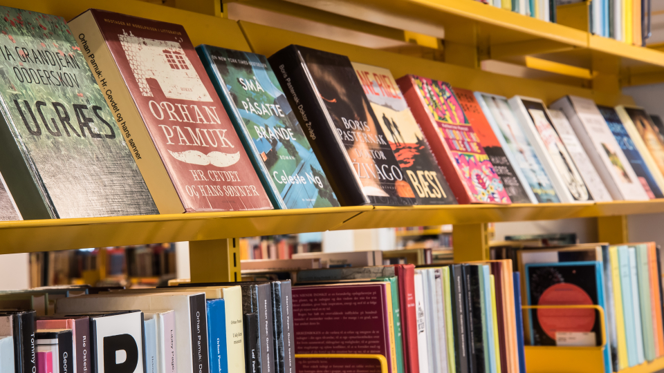 Bøger på reol på bibliotek