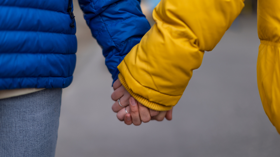 blå og gul jakke holder i hånd