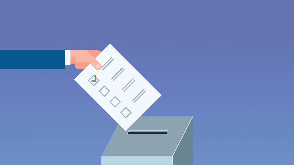 Tegning viser stemmeseddel lægges i boks