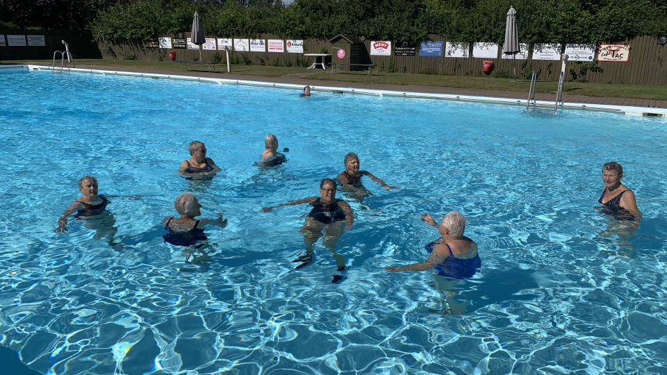 Seniordamer svømmer og laver vandgymnastik i Tungelundbadet.