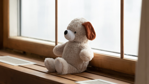 Bamse sidder i vindueskarm